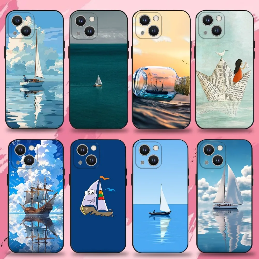

Sailing Ship Boat Phone Case For iPhone 16,15,14,13,12,11 Plus,Pro Max,XS,X,XR,SE,Mini,8,7,Soft Silicone Black Cover
