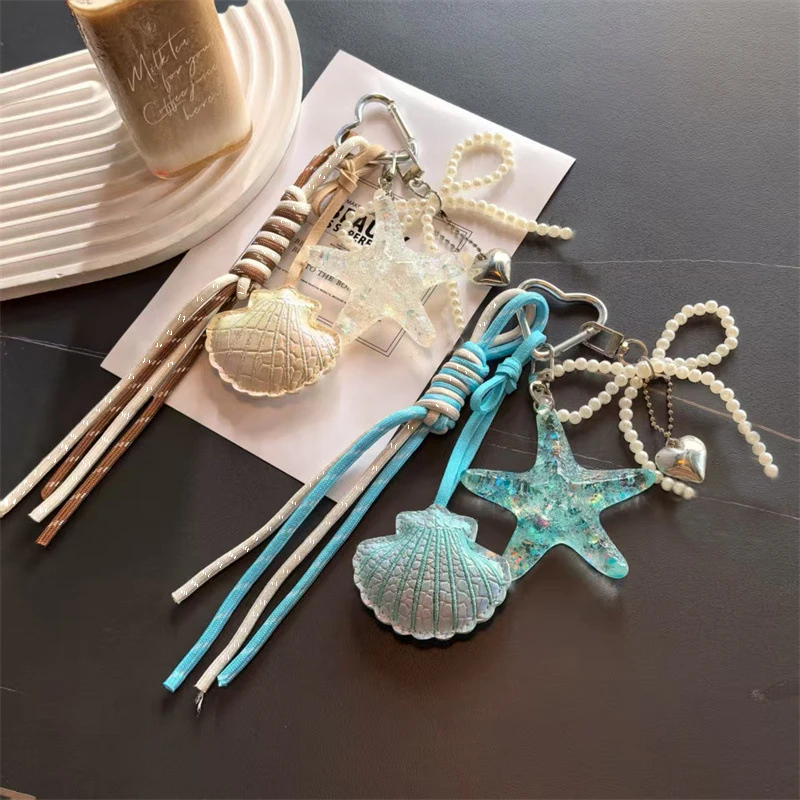 Purple Ocean Series Beaded Key Chains Starfish Dolphin Shell Personalized Versatile Hot Girl Bag Pendant Mobile Chain Pendant