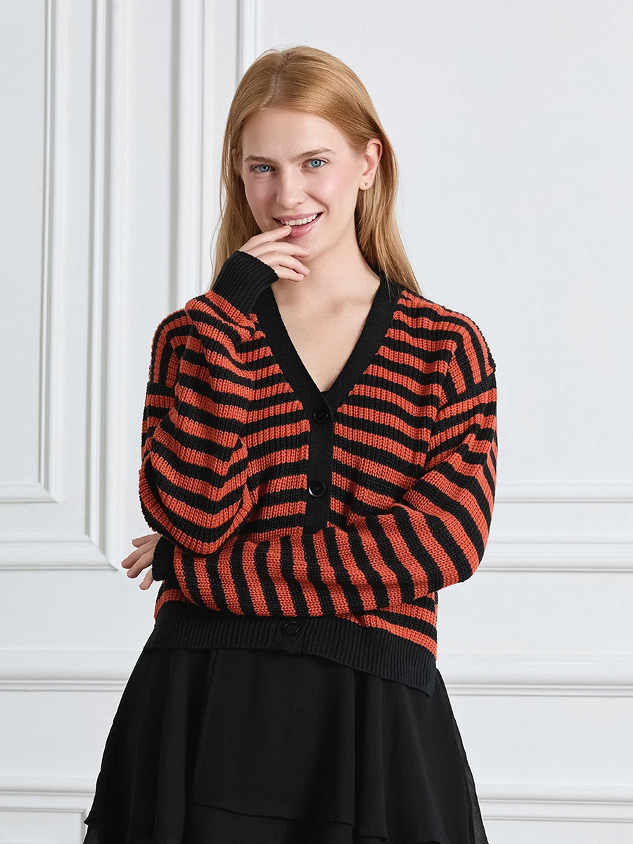 Women Halloween Orange Striped Cardigan Sweaters Long Sleeve V Neck Button down Fall Tops Casual Jacket Outwear