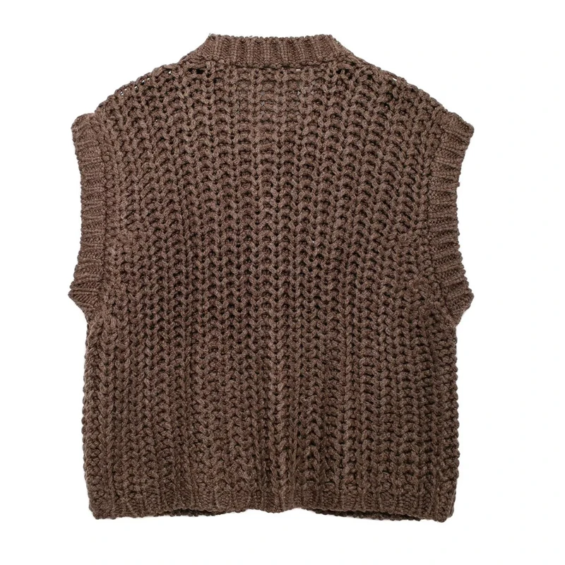 TRAF Women's Vest Outerwears Sleeveless Brown Sweater Knit Vest Women Preppy Cropped Sweaters Autumn Winter Vest Woman Knitwears image 3