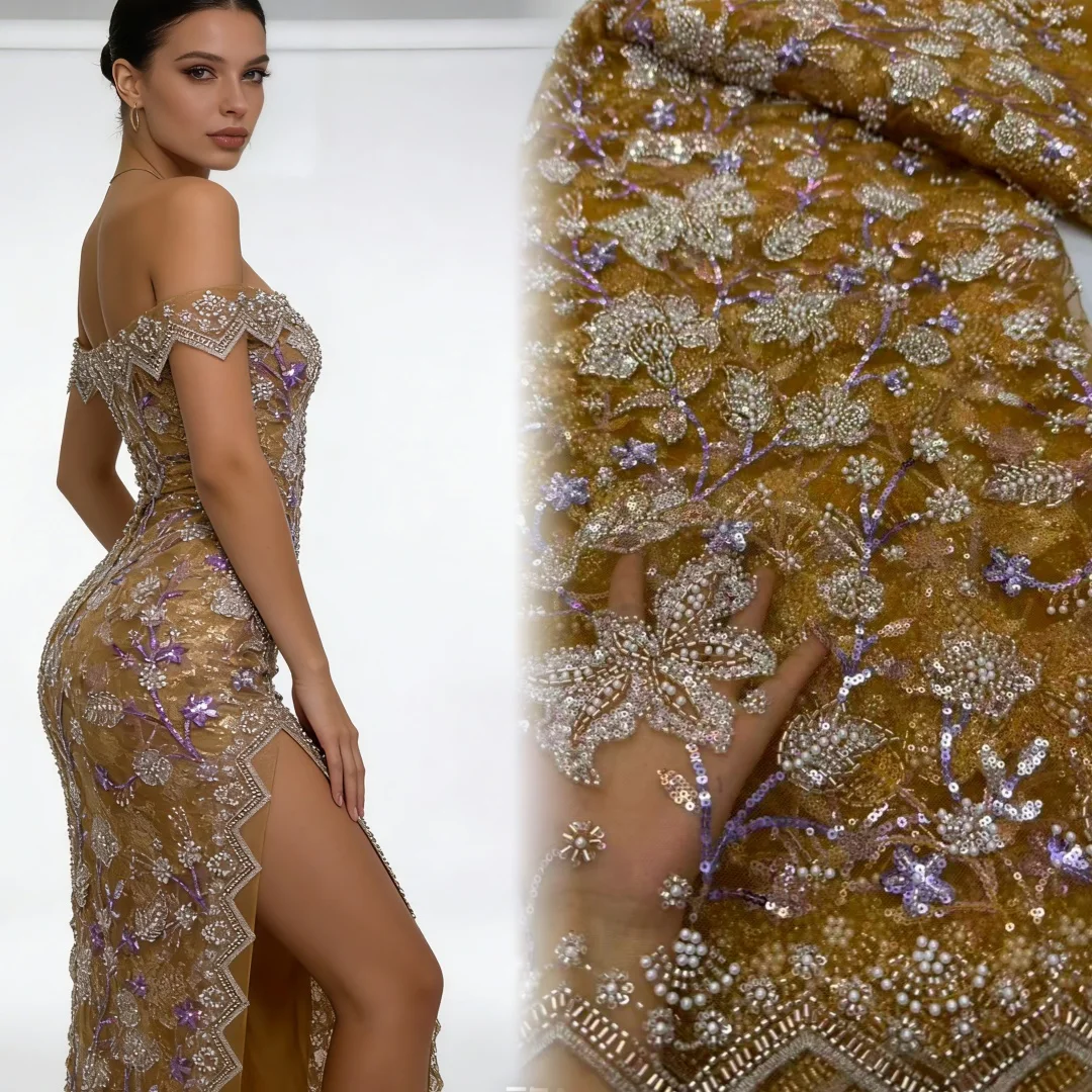 

Роскошная африканская ткань ручной работы с бисером и пайетками, 5 ярдов, роскошное французское кружево из тюля для вечерних платьев