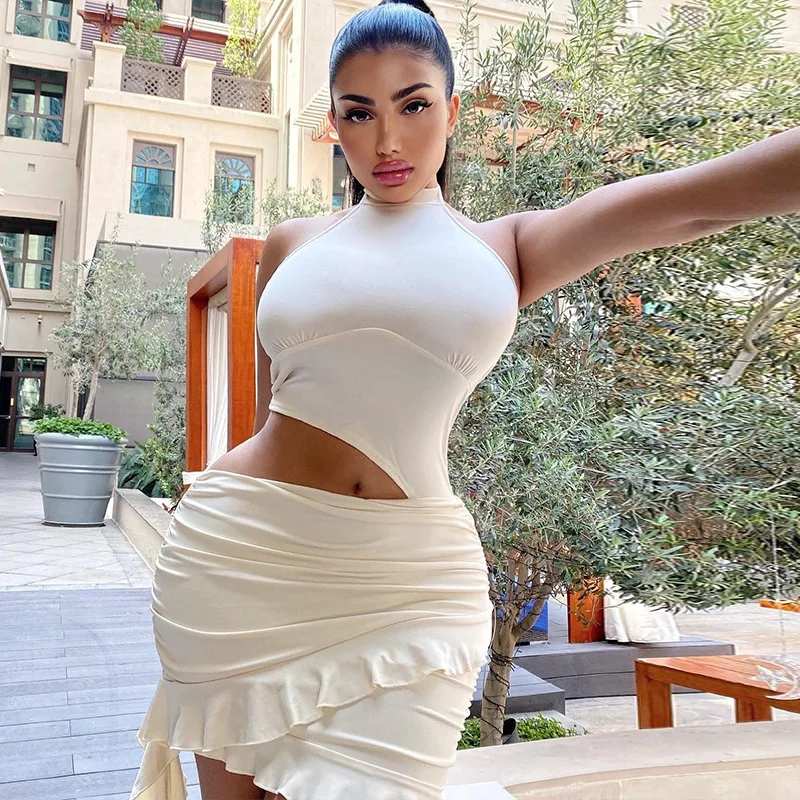 STYLISH LADY Ruffle Dress 2025 Summer Women Halter Backless Cut Out Bodycon Draped Sexy Club Party Black White Mini Dresses