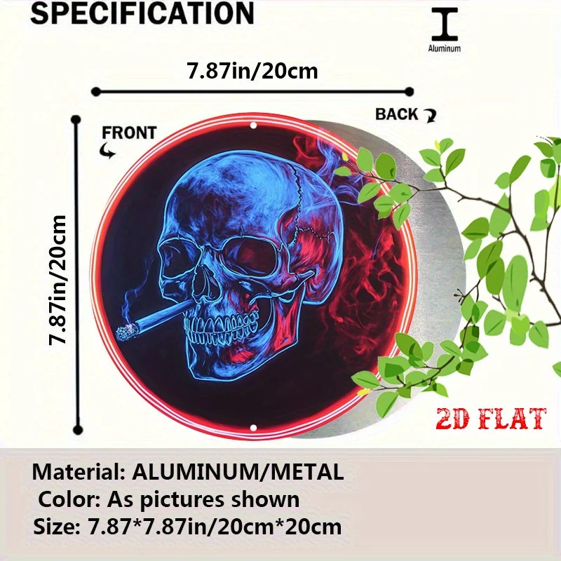 Neon Red Blue Smoking Skull Smoke 2D Round Metal Tin Sign 20x20cm Dark Background Iron Plaque Bar Game Room Wall Ornament