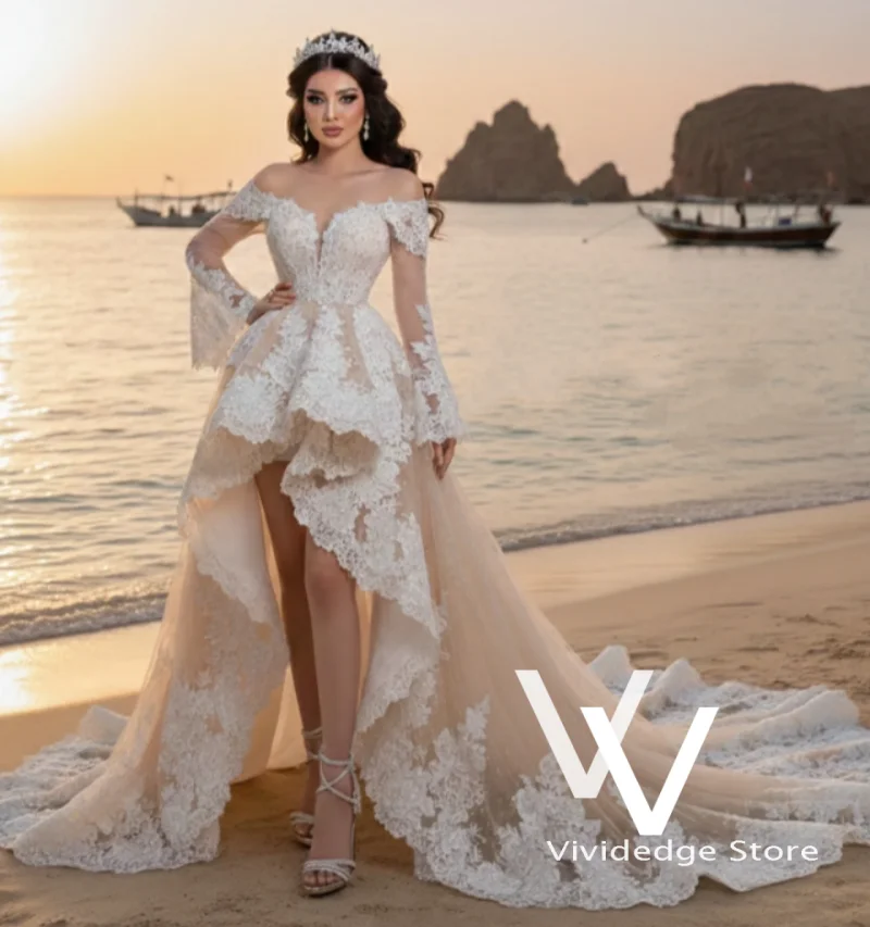Short Long Special Champagne Strapless Wedding Dresses Lace V-Neck Dubai Style A-Line Trailing Bridal Gowns Customized