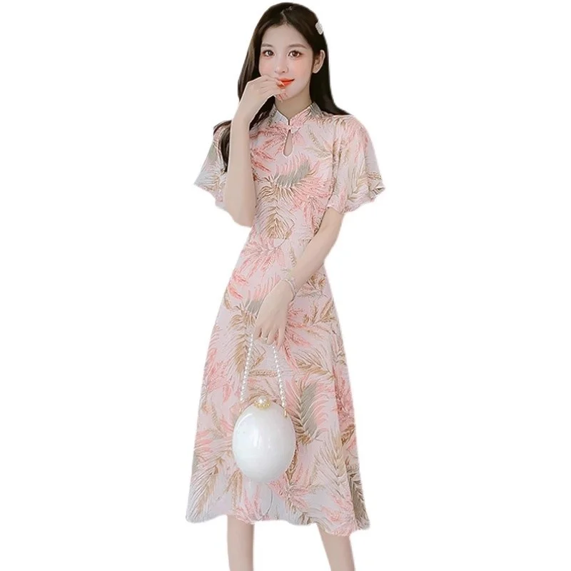 Improved Cheongsam Chiffon Dress For Women Summer Wear 2025 Fashion Design Slim Temperament Elegant Dress W123