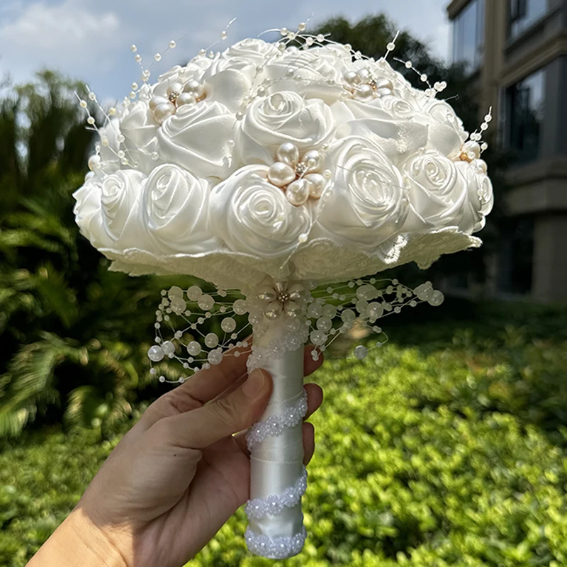 1PC Silk Rose Wedding Bouquet for Bride Bridesmaid Bouquet Pearl Ribbon Valentine's Day Proposal Confession Prop