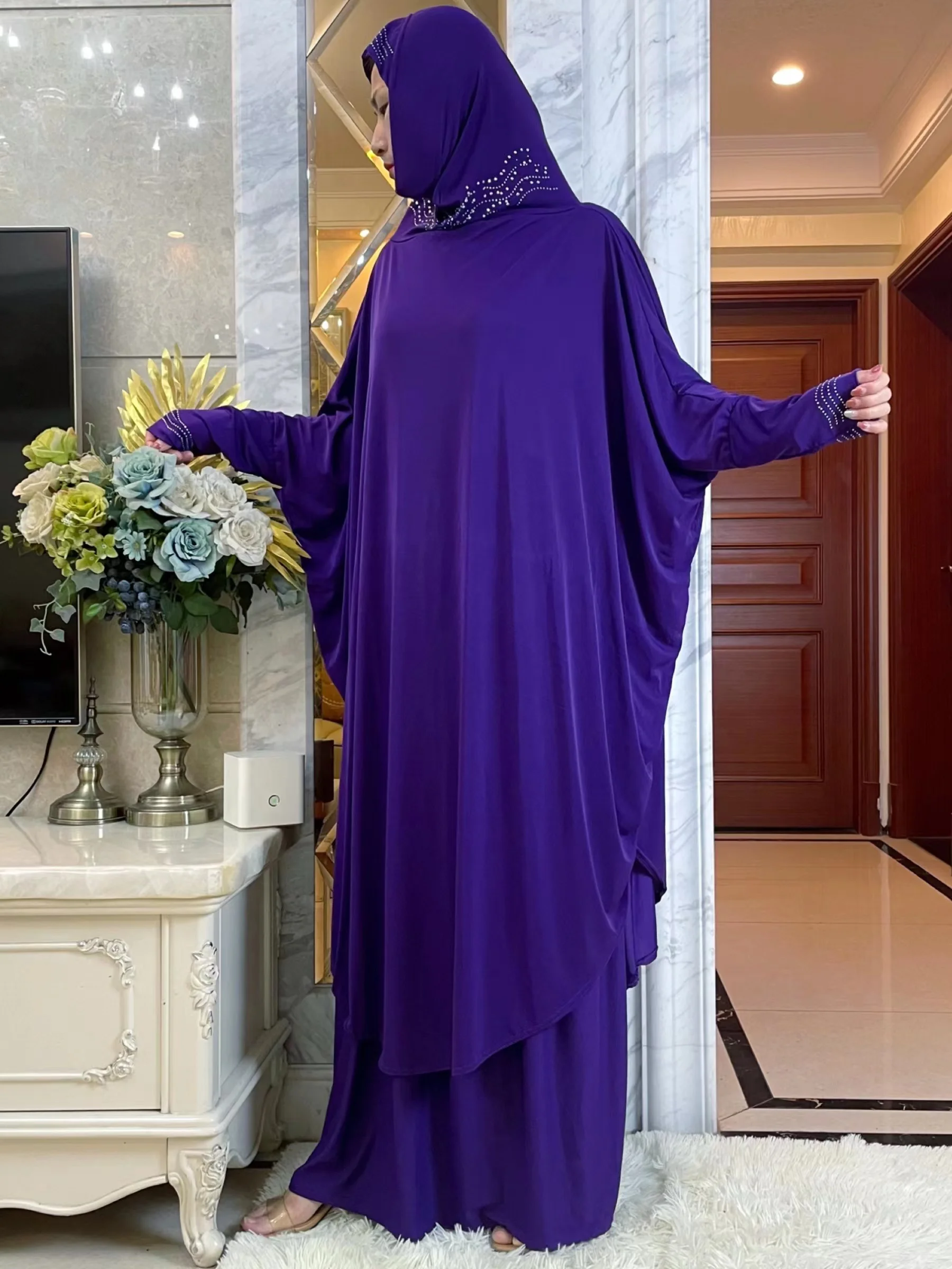 New Eid Hooded Muslim Women Hijabs Dress Prayer Garment  Ramadan Bat Sleeve Clothes Two Piece Set Niqab Islam Dubai Modest Robe