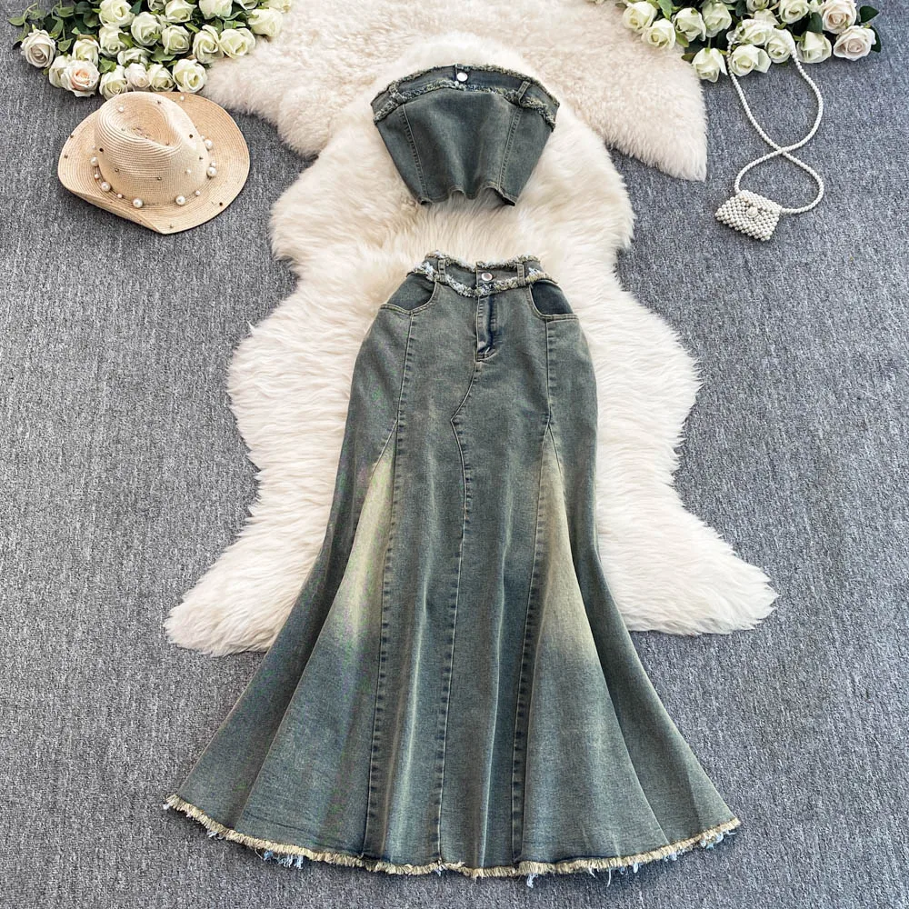 Women Denim Strapless Tops  + High Waist Jeans Long Skirt Clothing  Sets