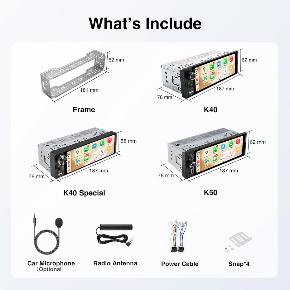 AINAVI K40 Universelles 1 DIN Autoradio Kabelloses Carplay Android HD 1280*720 IPS Touchscreen Single Din Autoradio 1DIN Multimedia – Detail 1
