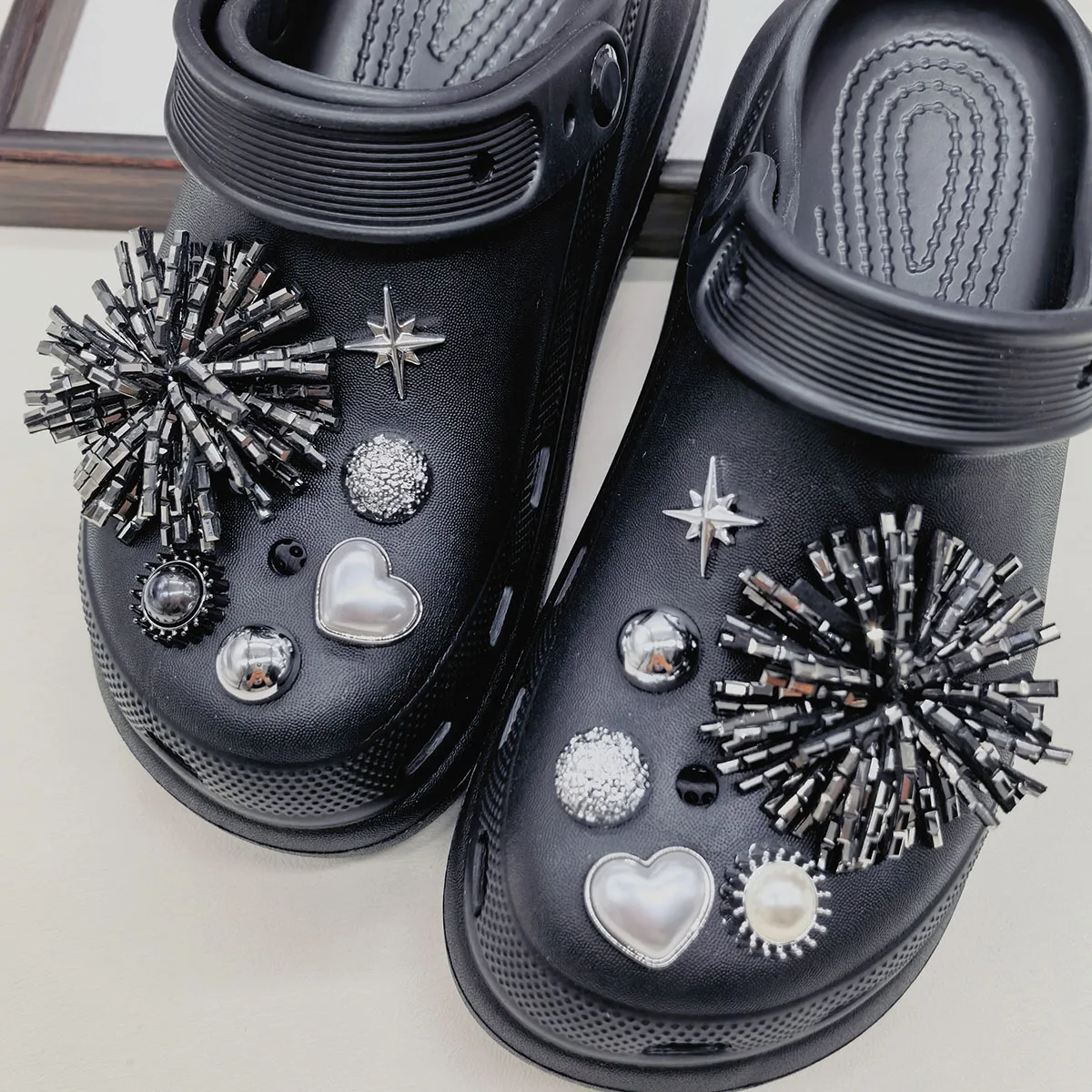 12PCS Shiny Firework Starbust Shoe Charms Accessories Silvery Heart Clogs Shoe Buckles DIY Decorations Round Beads Shoe Clips