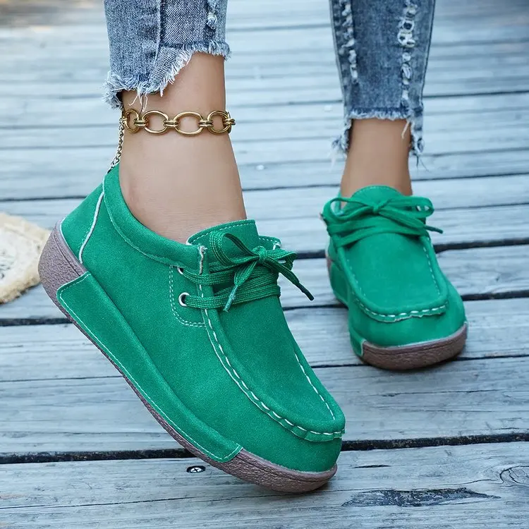 Women Suede Lace Up Platform Loafers Round Toe Contrast Stitching Thick Sole Comfortable Casual Walking Moccasin Shoes