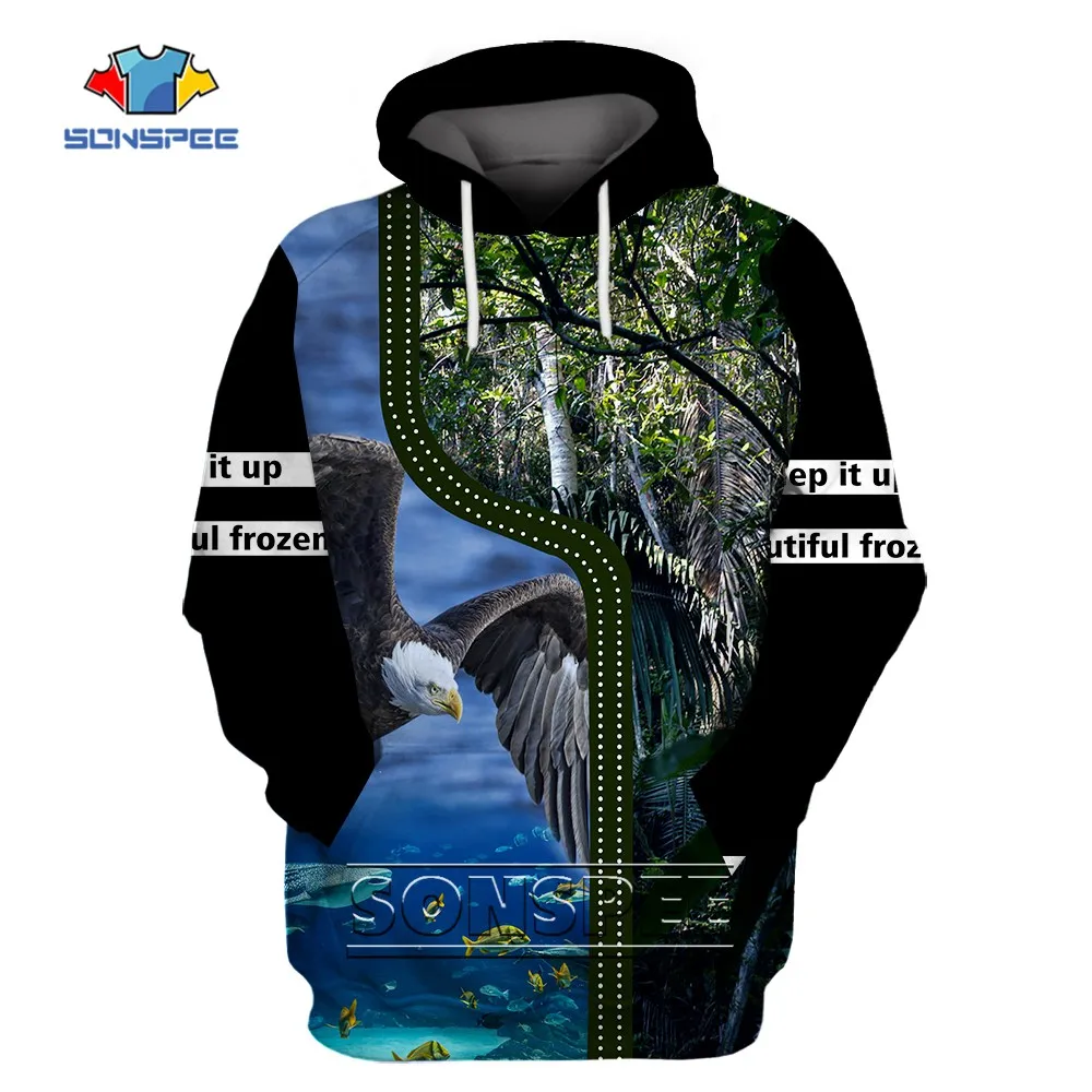 SONSPEE Eagle Shark Animal Pattern Casual Hoodie 3D Print Mens Harajuku Natural Scenery Jungle Sweatshirt for Woman Streetwear