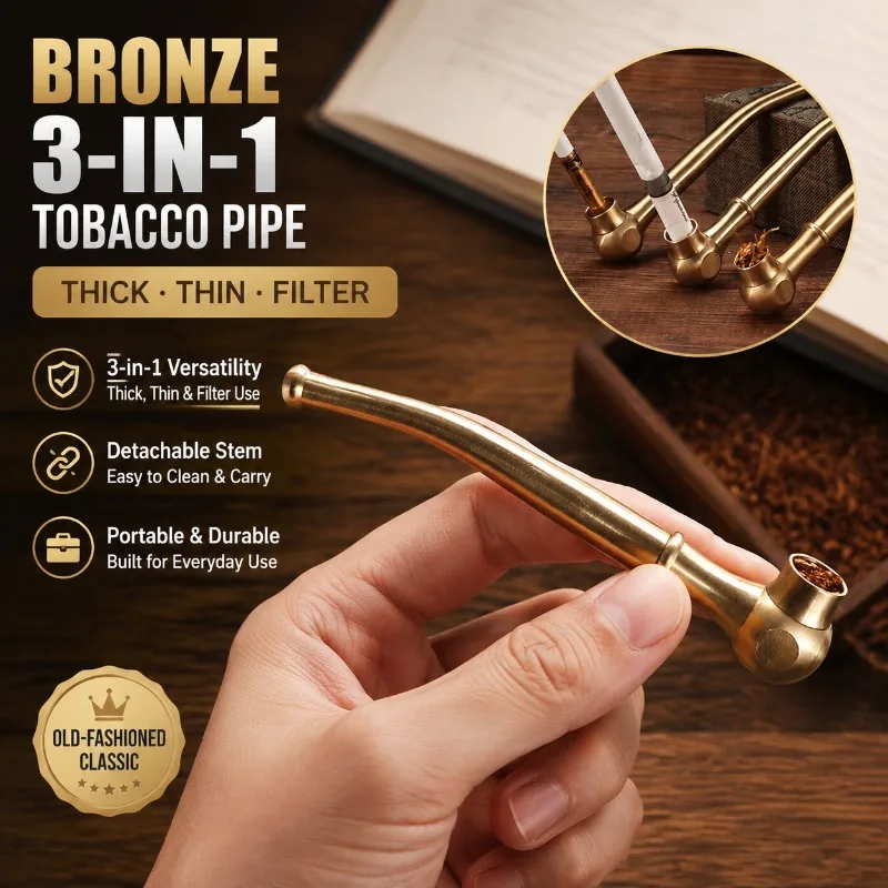 Bronze 3-in-1 Tobacco Pipe Thick Thin Filter Type Detachable Metal Stem Portable Old-Fashioned Smoking Pipe