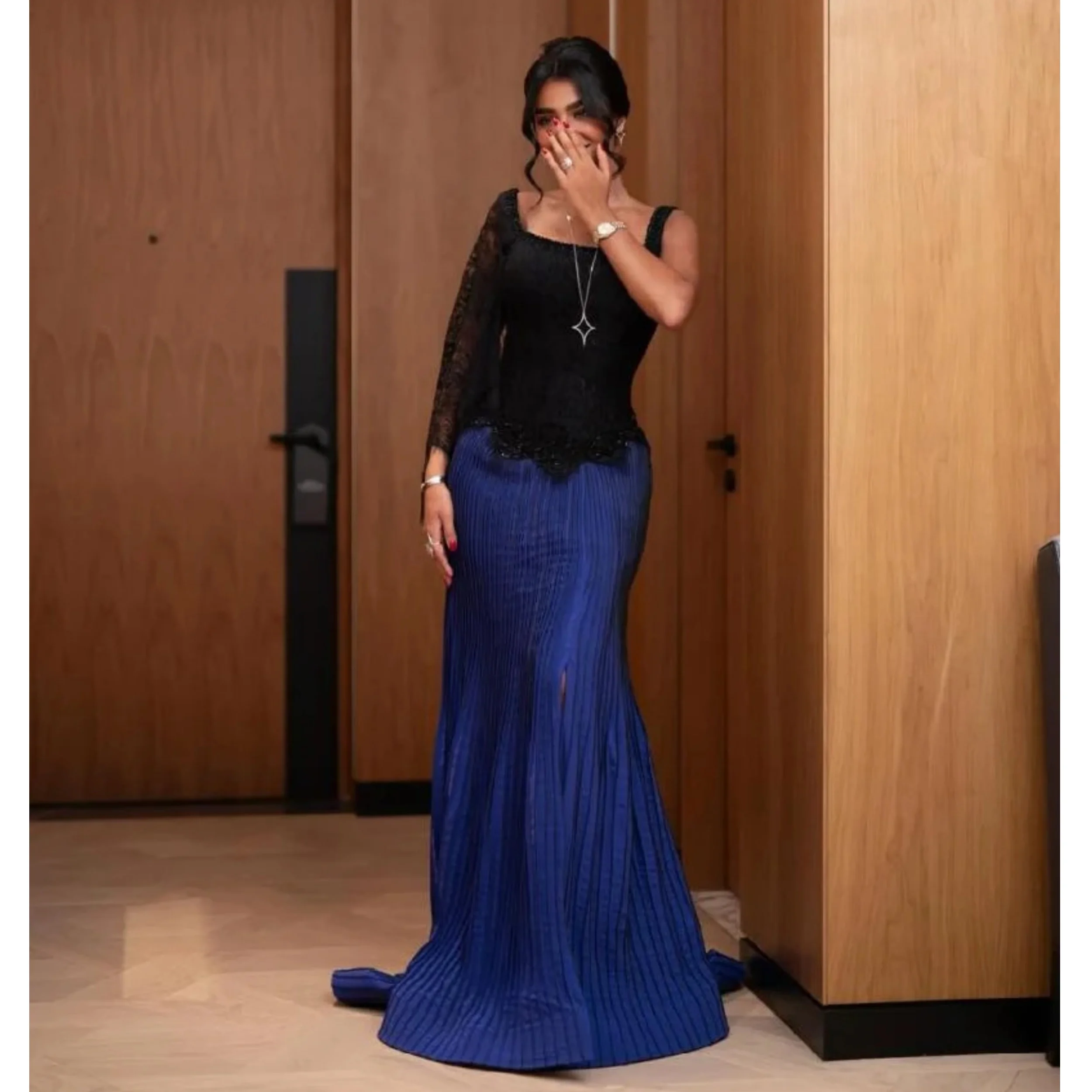 Moda sereia vestido de noite feminino azul o pescoço formal vestido de gala personalizado manga cheia babados árabe vestido de baile