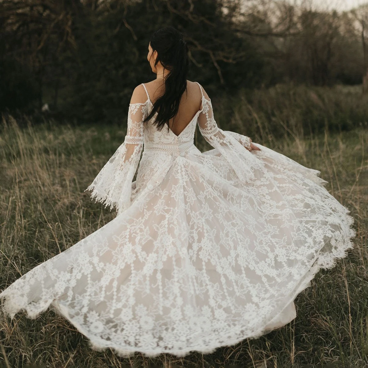 Long Flare Sleeevs Lace Bohemian Customized Bridal Gowns Backless Spaghetti Straps Rustic A Line Wedding Dress With Train