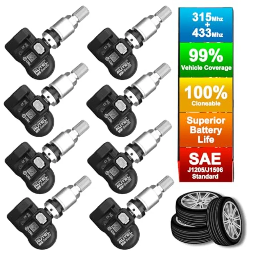 

TPMS Sensors Programmable Mx Sensor for Tire Pressure 315MHz + 433MHz Press-in OE-Level 8pcs Metal valves Programmed by TS508 T