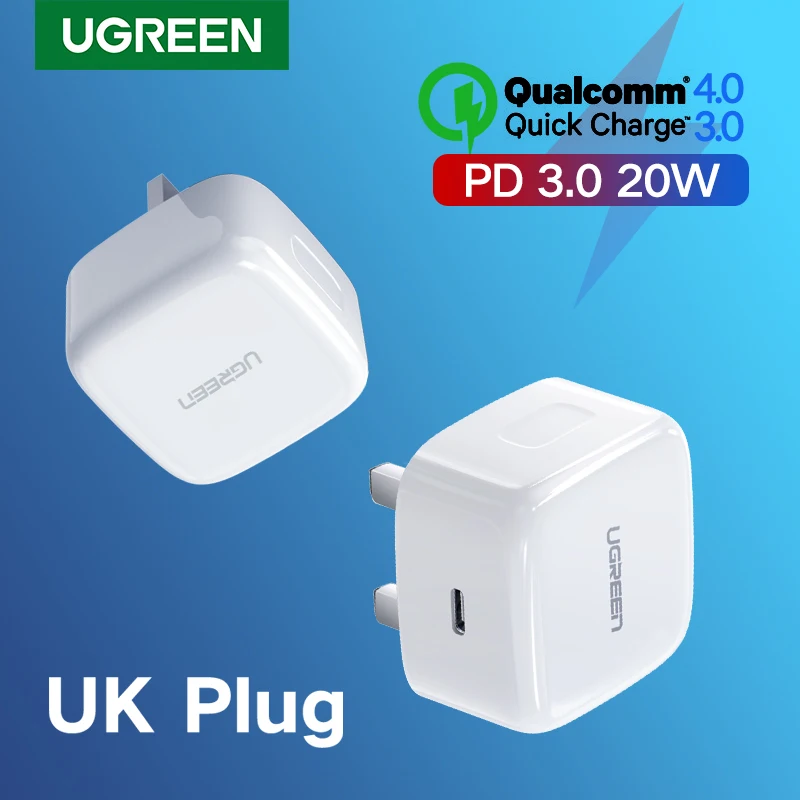 【UK Plug】UGREEN Quick Charge 4.0 3.0 QC PD Charger 20W USB Type C Fast Charger for iPhone 15 14 13 Pro Xiaomi Phone PD Charger