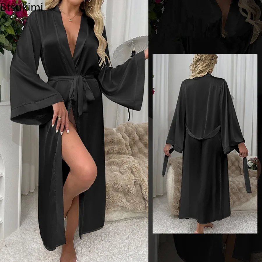 New 2025 Women's Nightgown Satin Kimono Robe Full Length Silky Bath Robe Lady Long Sleeve Nightgown Sleepwear Wedding Bridesmaid