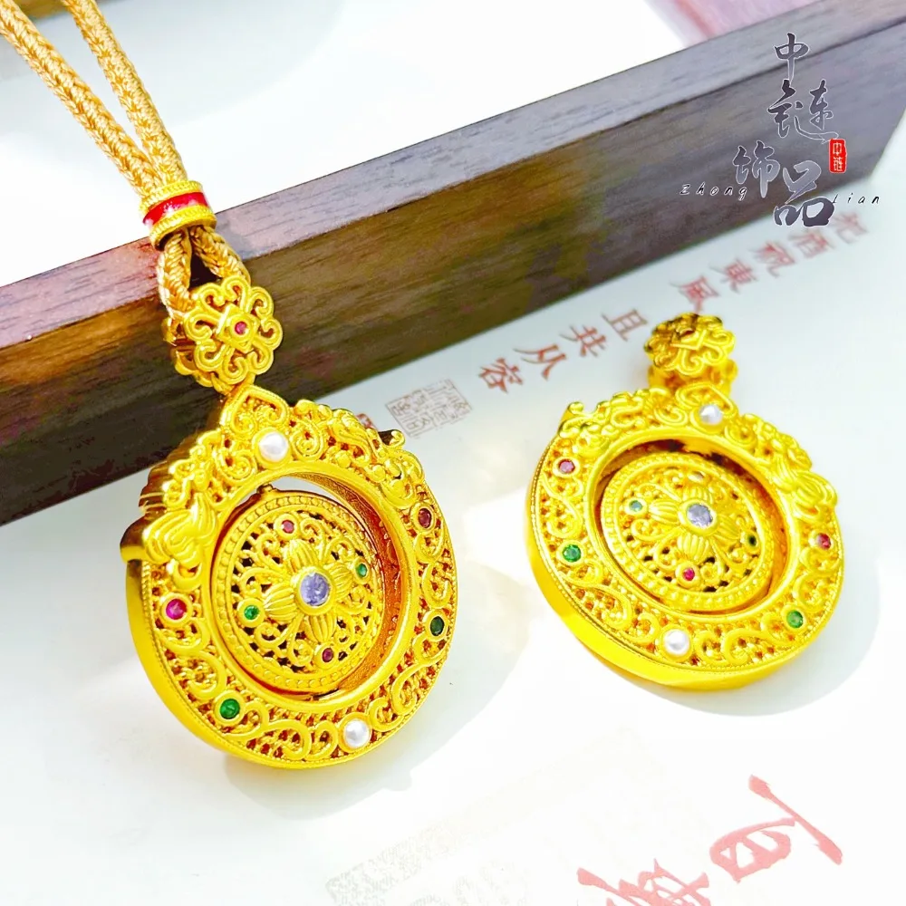 Mini-engraved rotating cross-shaped compass pendant 9999gold