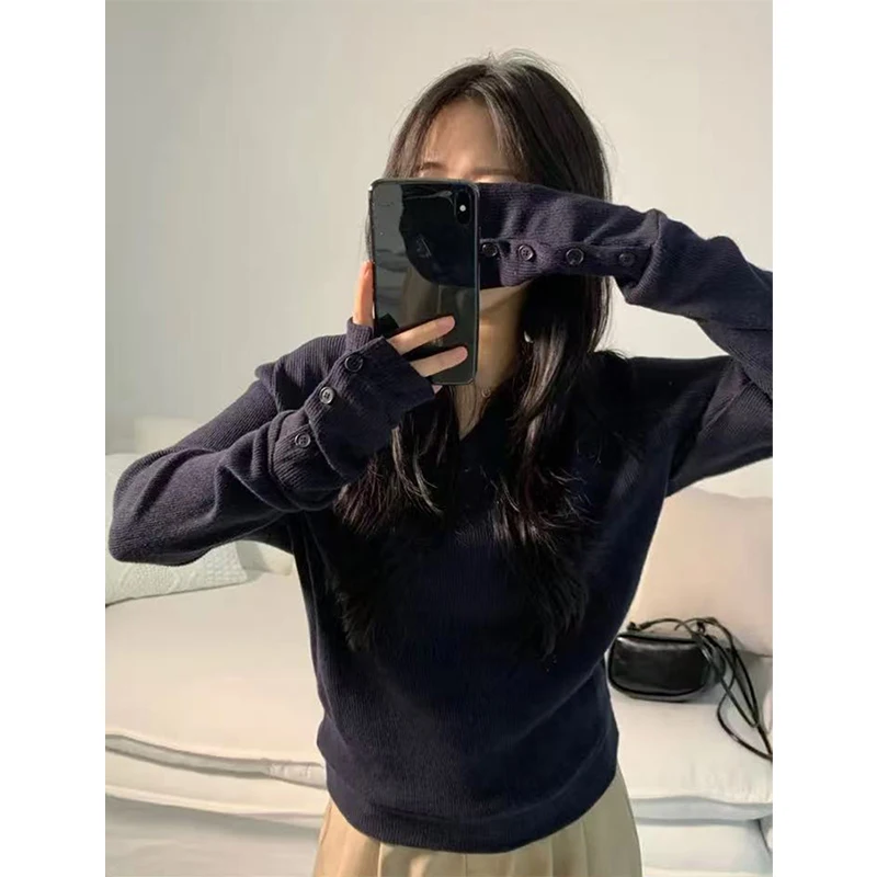 MEXZT Streetwear Grau Pullover Frauen Mode V-ausschnitt Gestrickte Pullover Koreanische Langarm Strickwaren Winter Tasten Design Jumper