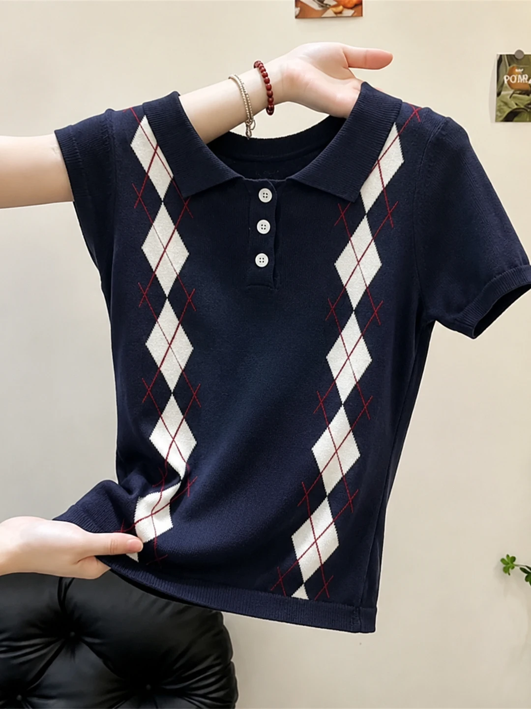 

Korean Style Ice Silk Knitted Neck Half Open Front Short Sleeve Color Block Design Summer Top for Women Commute Wear