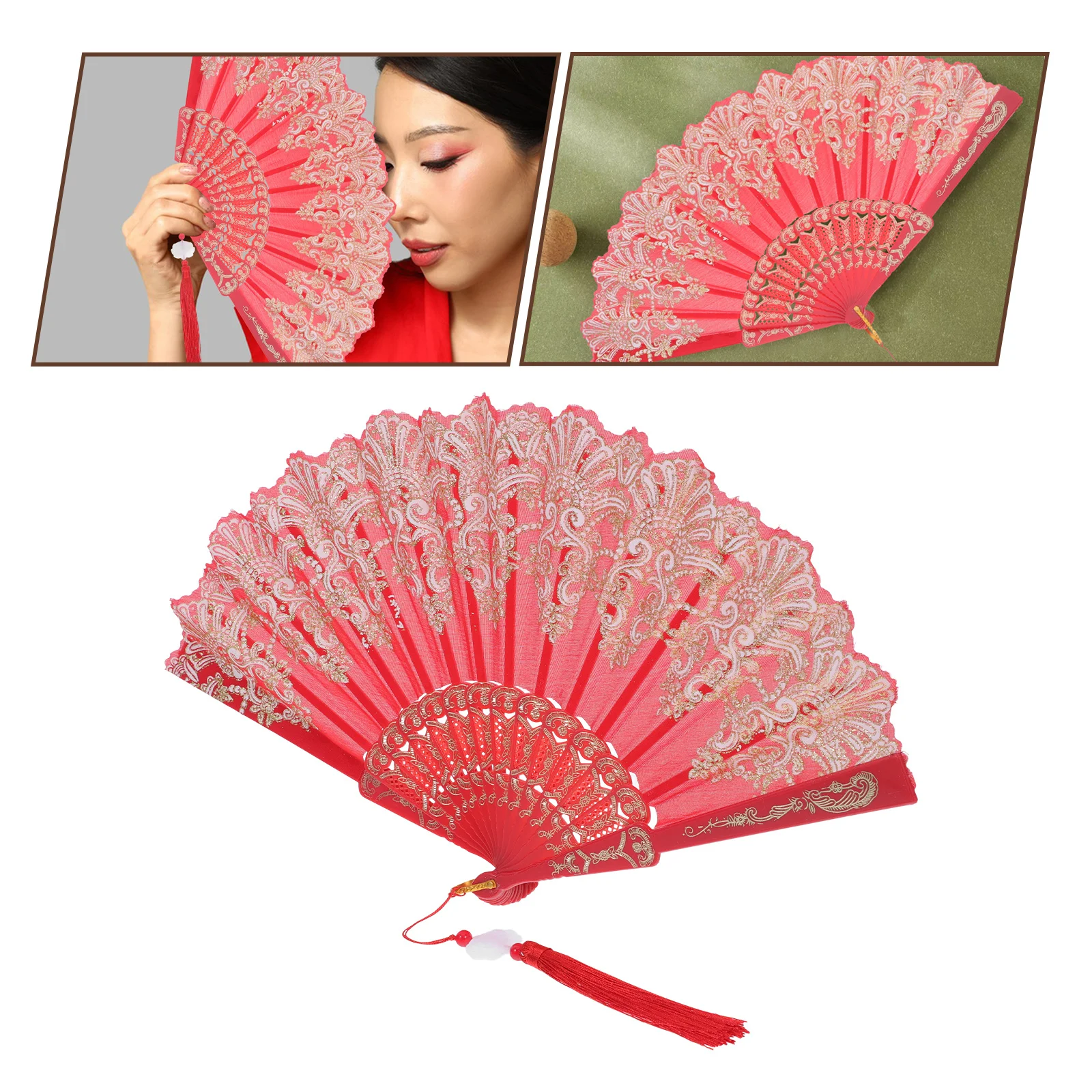 

Ancient Style Folding Fan with Gold Foil Tassel Elegant Chinese Hand Fan Portable Convenient Cooling Dance Performance Prop