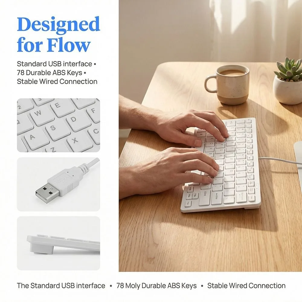 78 Keys USB Wired Keyboard Stable Transmission Black/White Mini Keyboard Ultra-Thin Design Ultra Thin Keyboard