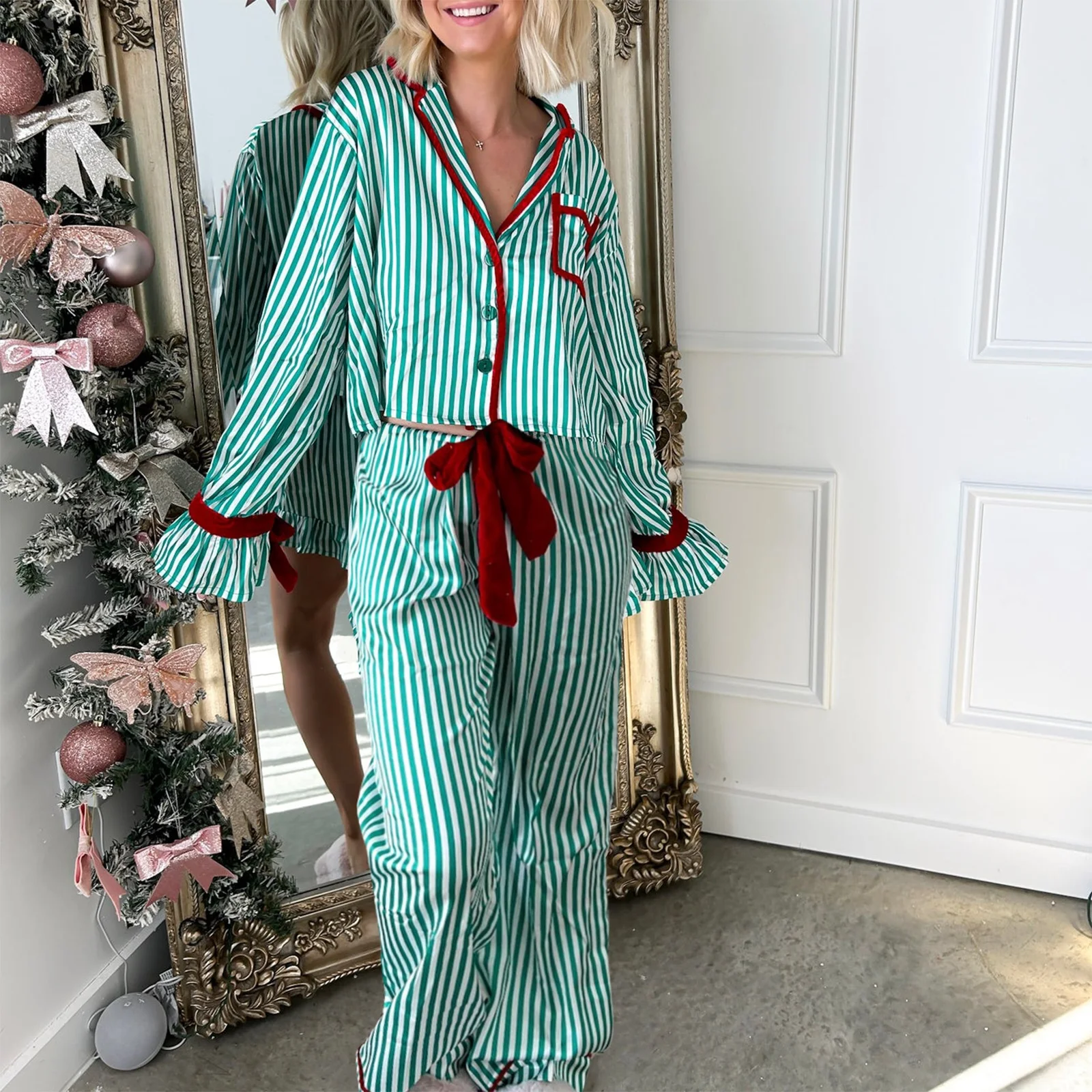 Womens Christmas Pajama Sets Striped Print Long Sleeve Button-up Shirts Tie-up Long Pants 2 Piece Sleepwear Pyjama Loungewear
