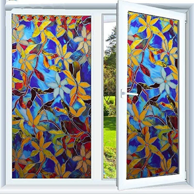 Decorative Window Film Colorful Orchid Flower Window Privacy Film Static Cling Non-Adhesive Window Film Vinyl Floral Window Film