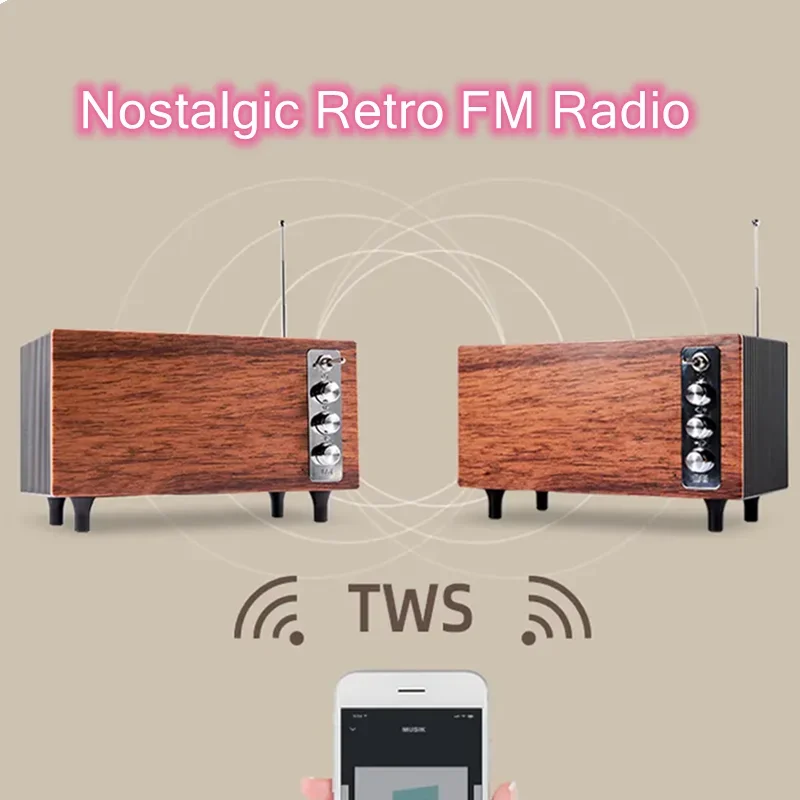 Subwoofer sem fio de alta qualidade caixa de som fm rádio de madeira retro nostálgico portátil hi-fi bluetooth barra de alto-falante suporta cartão tf