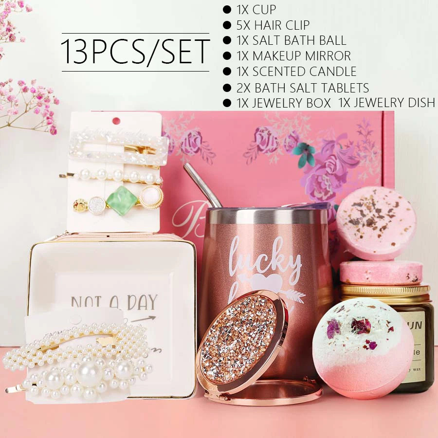 Exquisite Gift Box Holiday Birthday Gifts For Girls Bath Salts Ball Scented Candle Cup Barrette  Cosmetic Mirror Jewelry Box