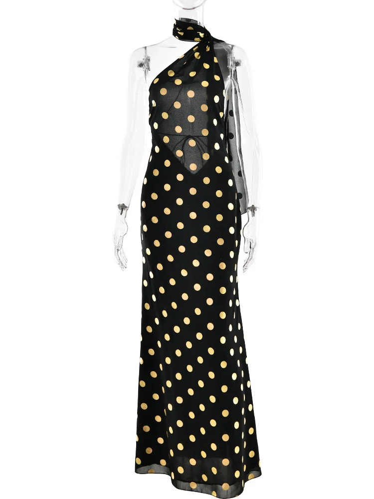 กระโปรงยาวผ้าชีฟองลายจุดทรงเอวสูงสำหรับผู้หญิง รุ่น Svel Dr Ele ทรงเดรป