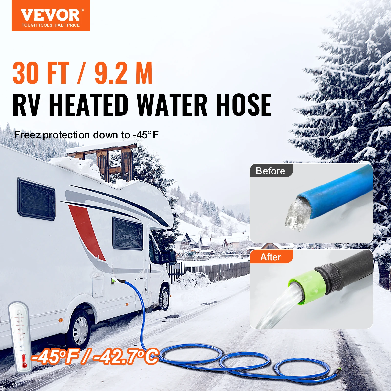 VEVOR 30ft Heated Water Hose Heated Drinking Water Hose Antifreeze to -45°F Automatic Self-regulating  for RVs Camping