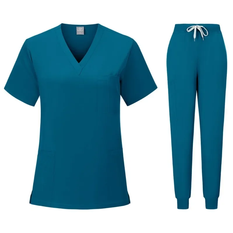 Uniforme de enfermera de manga corta para Mujer, Top con cuello en V, pantalones de Jogger, conjunto médico, uniforme informal de verano