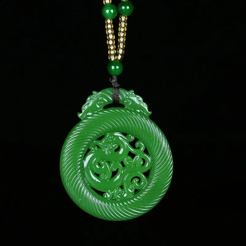 

Hetian Jasper Spinach Green Antique Dragon Brand Double-sided Engraved Hollow Necklace
