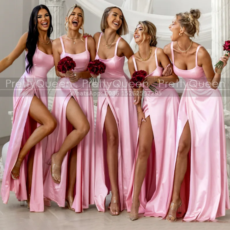 

A Line Long Bridesmaid Dresses High Split Spaghetti Straps Customized Pink Wedding Party Dress For Women