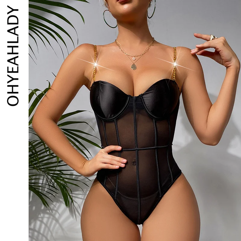 Ohyeahlady-Body de lencería Sexy sin costuras, ropa interior transparente de peluche de cuero, mono de una pieza con aros de gran tamaño y cadena