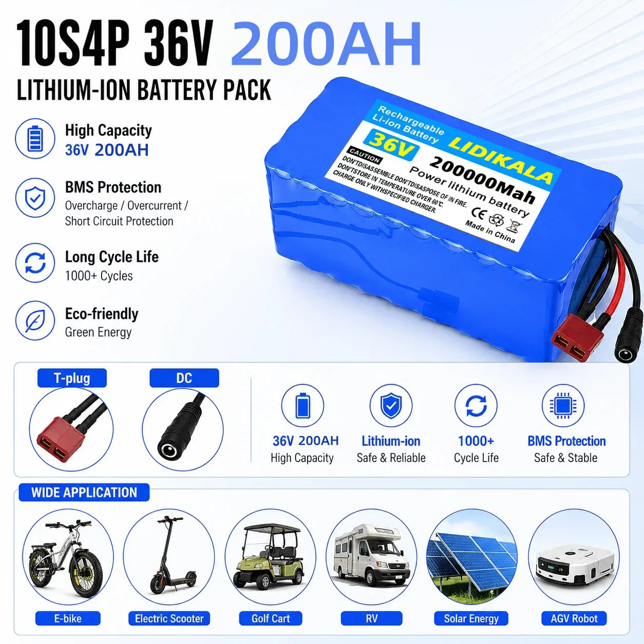 36V 200Ah 200000mAh 10S4P Lithium-Batteriepack mit integriertem BMS und Ladegerät für E-Bike, Roller, Wohnmobil, Boot, Solaranlage, EU-Steuerbefreiung