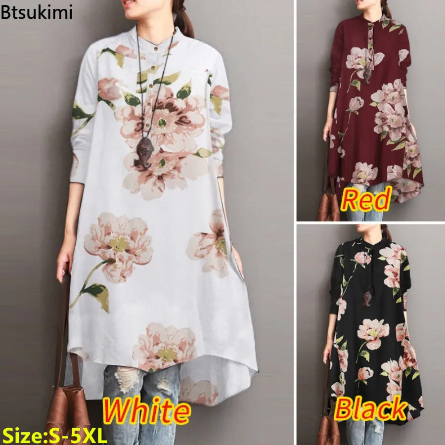 

New Women Vintage Mid-length Shirt Dress Bohemian Floral Print Asymmetrical Blouses Females Casual Loose Shirt Tops Blusas Mujer