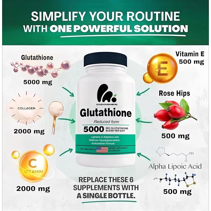 Glutathione soft capsules contain collagen, vitamins, rosehip, ALA for skin health, anti-aging, immunity, and liver cleansing