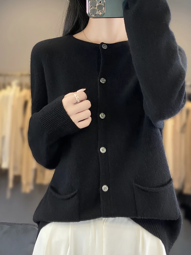 Women Fashion Merino Wool Sweater O-Neck Long-sleeve Pocket Cardigan Cashmere Warm Knitwear Spring Autumn Female Coat Soft Tops