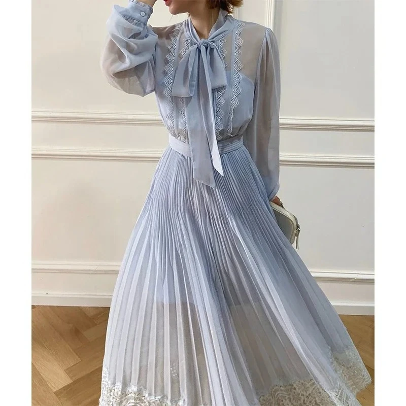 

Blue Lace Women Dress Vintage Long-sleeve O-neck Party Clothing Women Lace-up Runway Design Elegant Clothing Women's Evening