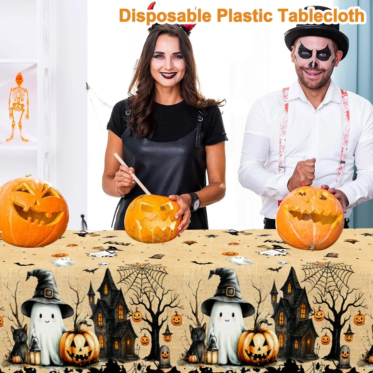 1 Stück Halloween-Tischdecke mit Gruseligen Geistermotiven, Einweg-Plastiktischdecke, Gruselige Spukhaus-Halloween-Tischdekoration – Detail 9