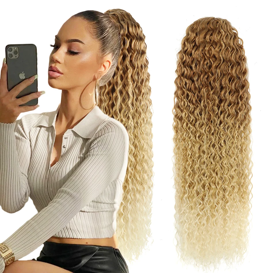 BOL 30inch Synthetic Curly Ponytail Extension Kinky Curly Hair Soft Long Drawstring Ombre Blonde Water Wave Ponytail for Women