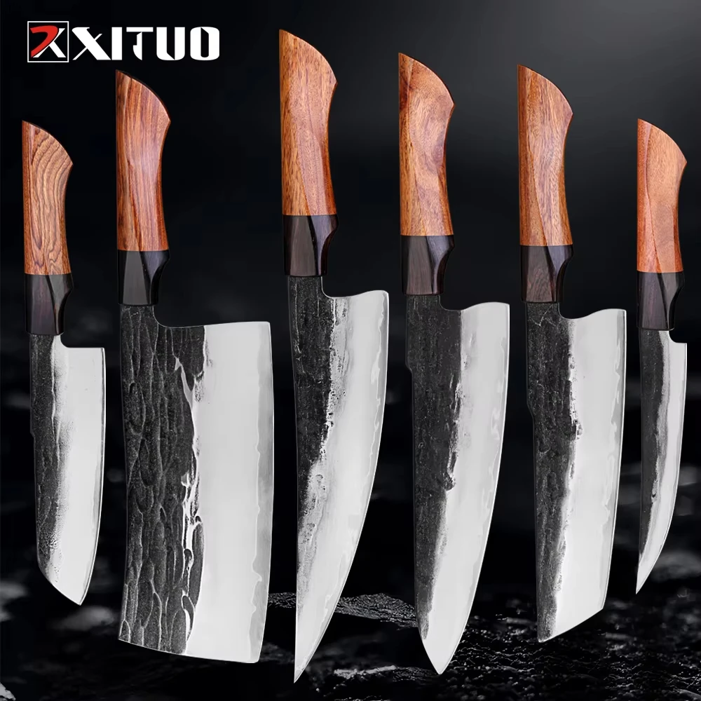 

XITUO Super Sharp Kitchen Knife 1-6Pcs Set Hand Forged Triple-layer Composite Steel 9CR18 Core Chef Cleaver Knife Wood Handle