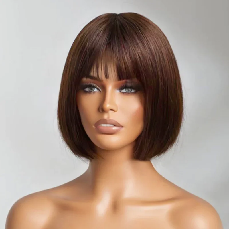 Short Straight Human Hair Bob Wigs with Bangs Remy Full Machine Made Wig for Women Burgundy Brown Colored Wear to go BOB Wig