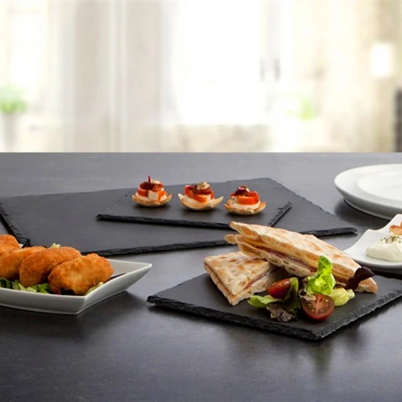 Slate Boards Black Stone Plates Placemats Serving Tray Platter Display for Charcuterie Meat Cake Fruit Cheese Appetizers Sushi