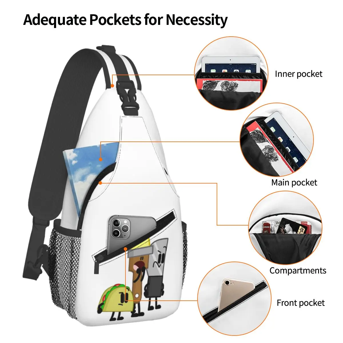 BFDI Inanimate Insanity All Characters 4 Chest Bag Men Sling Crossbody Backpack Chest Bag Traveling Hiking Daypack Shoulder Bag