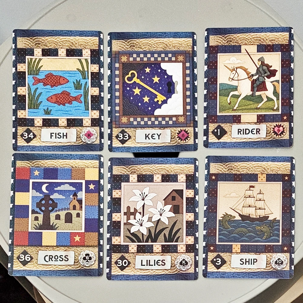 9*6cm auf doppelt geprägtem Karton: Country-Quilts Lenormand Deck, 36-Karten-Folk-Art-Wahrsagekarten-Set mit rustikalem Quiltmuster