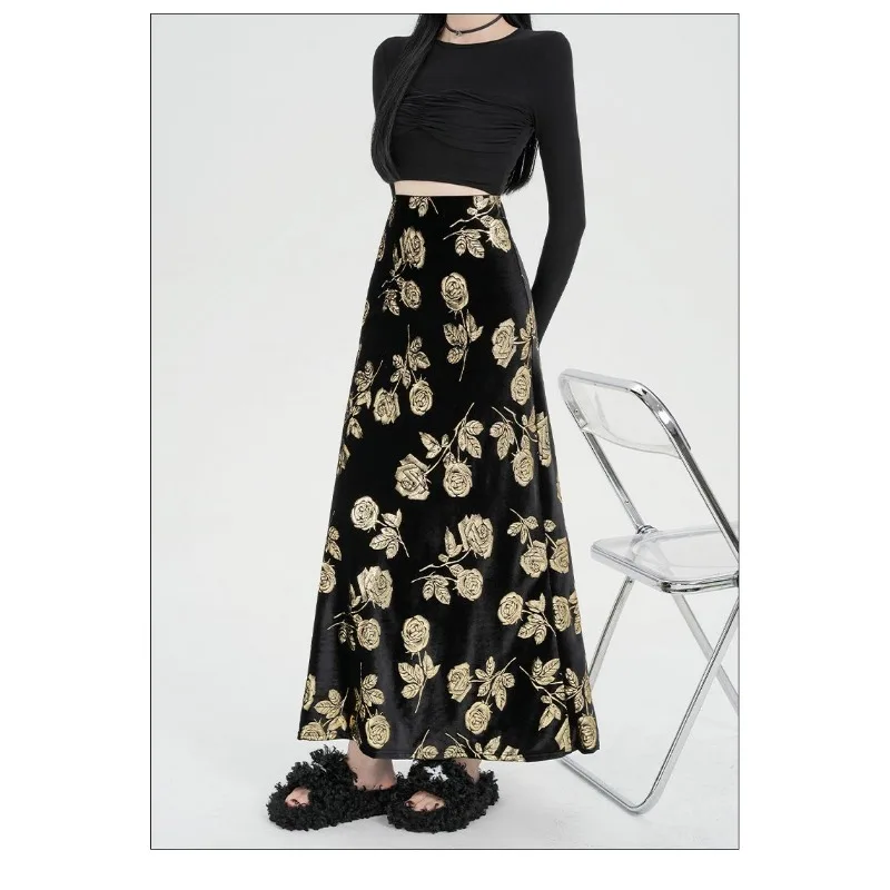 2025 Velvet Stitching Fishtail Women's Autumn and Winter New Style Stitching High Waist Printed Versatile Drape Mid-length Skirt